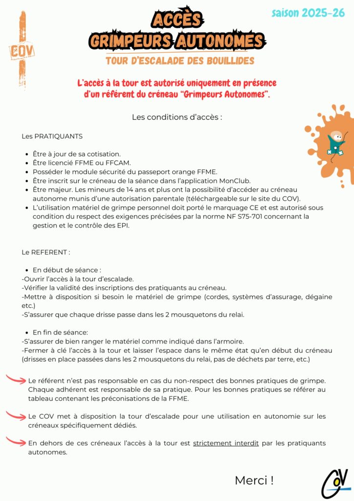 Règlement de sécurité à la Tour d'escalade